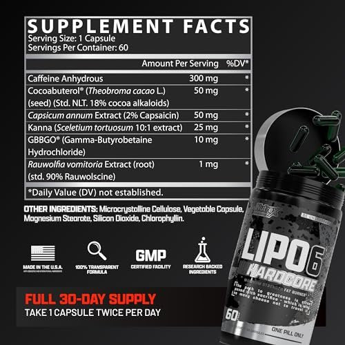 Nutrex Research Lipo-6 Hardcore Supplement, Supports Metabolism & Energy, Dietary Capsules – 60 Count