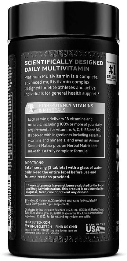 MuscleTech Platinum Multivitamin | Vitamin C for Immune Support | 18 Vitamins & Minerals | Vitamins A C D E B6 B12 | Daily Workout Supplements | Mens Multivitamins, 90 ct